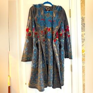 Johnny Was Gray Long Sleeve Coat with Blue and Red Embroidery